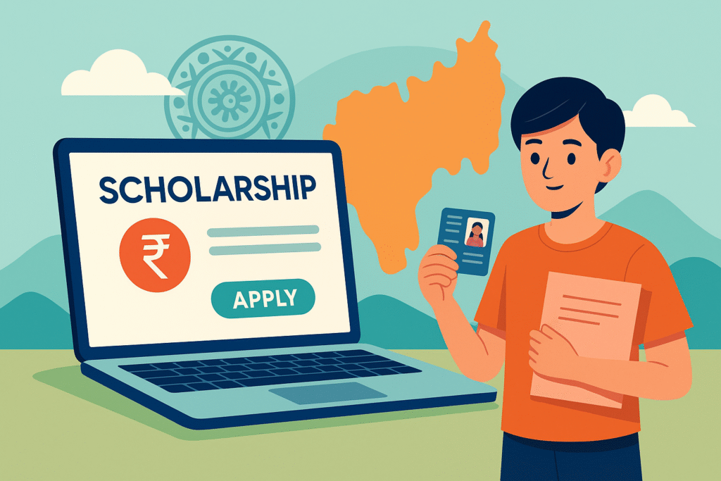 The scene represent educational empowerment and digital accessibility in Tripura. Include elements like a laptop or tablet displaying a scholarship portal, a student holding documents or an ID card, and symbolic visuals of Tripura's landscape in the background (hills, tribal motifs, or state map outline).