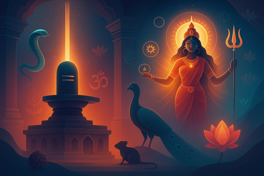 The Image featuring a glowing Shivling growing upward through an ancient temple, a divine feminine figure (Durga) radiating cosmic energy while holding a trident, chakra, and kamandalu. Include ethereal elements like a floating cobra, a peacock, and a rat coexisting peacefully.