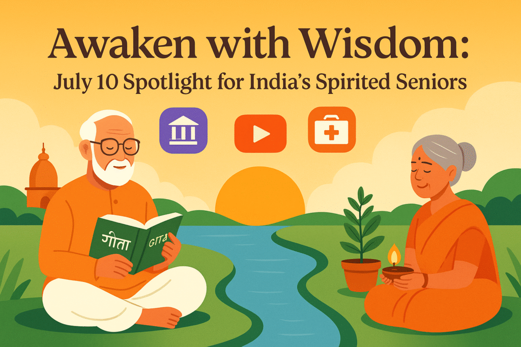 a gentle sunrise over a rural landscape with a temple dome in the background, an elderly man reading the Gita near a riverbank, another senior woman offering a diya near tulsi, and floating digital icons like a bank, YouTube, and a health kit representing news topics. Include the headline text: 'Awaken with Wisdom: July 10 Spotlight for India’s Spirited Seniors' in elegant Devanagari-style typography across the top.