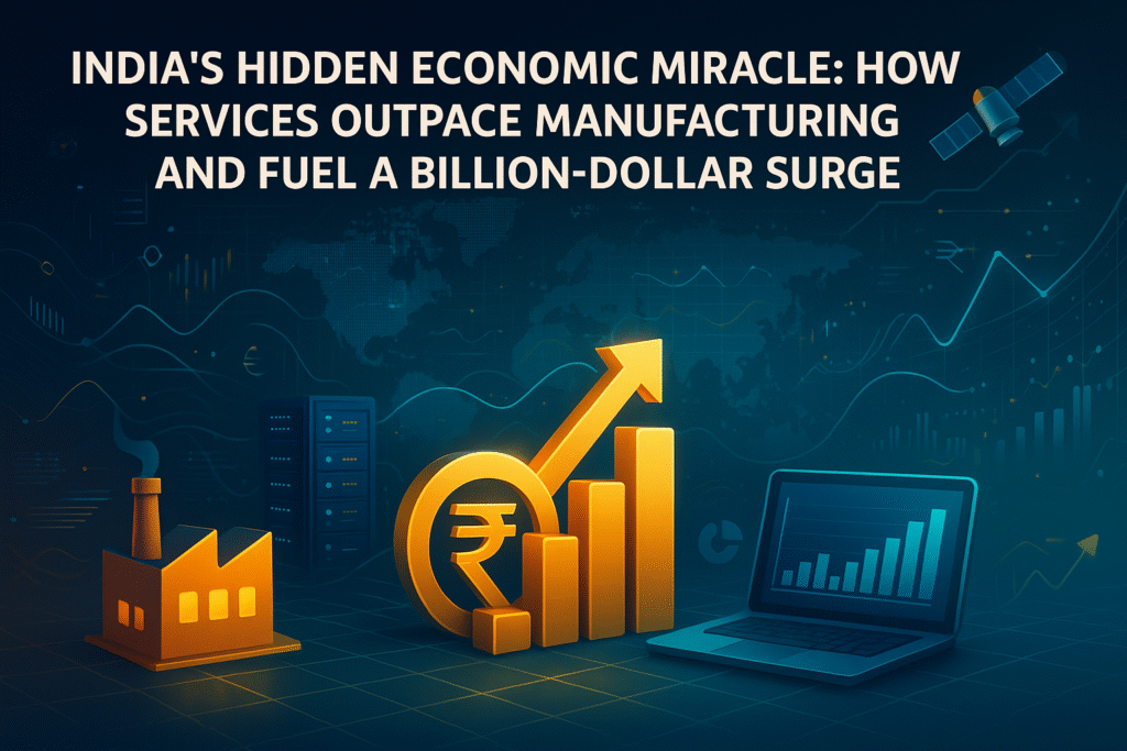 The Image symbolize India’s booming services economy overtaking manufacturing. Include abstract digital motifs like data flows, tech grids, holograms, and financial graphs. Incorporate subtle elements representing growth (rising bars, arrows), global trade (currency symbols, world map overlays), and technology (servers, laptops, satellites).