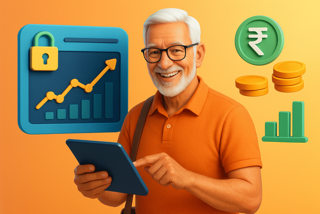 The image visually represent financial empowerment for retirees. Include subtle finance-related elements like graphs, currency symbols, or secure digital interfaces. Depict a dynamic, confident senior individual (age 60+)—smiling, active, and sharp—engaging with a digital device or reviewing financial data.