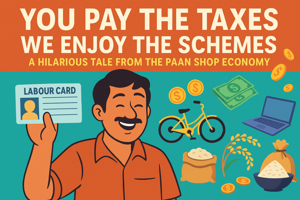 "Cartoon of Indian man holding labour card, surrounded by symbols of government schemes – satire on freebie culture."