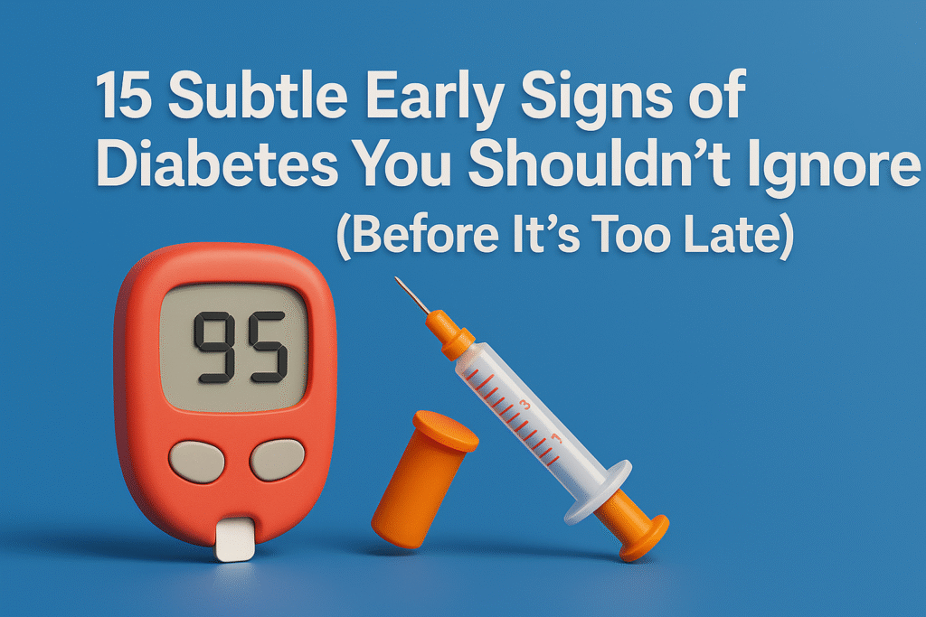 15 early signs of Diabetes, image of Blood Sugar Monitor and syringe.