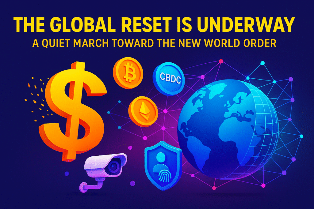 a conceptual visualization of a global reset and a shift to a New World Order. Include symbolic 3D elements like a dissolving U.S. dollar symbol, digital currencies like crypto icons and CBDC tokens, interconnected global networks, biometric ID symbols, surveillance cameras, and Earth partially covered in a digital grid.