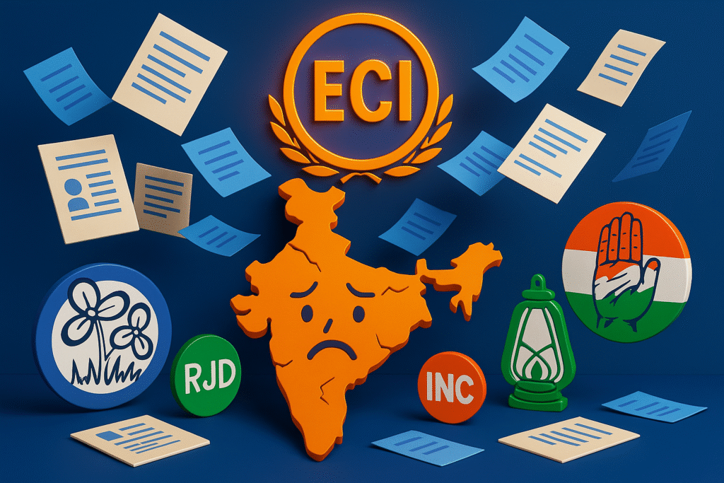 The IMAGE depict India's electoral chaos with symbolic 3D elements: a distressed India map, scattered voter ID cards, digital documents flying through the air, panicked political symbols (TMC, RJD, Congress), and an authoritative ECI emblem shining above.