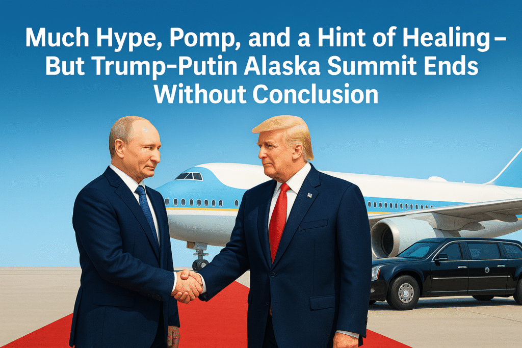 Much Hype, Pomp, and a Hint of Healing — But Trump-Putin Alaska Summit Ends Without Conclusion Trum Putin shaking hand with Aeroplane and Car in the back ground