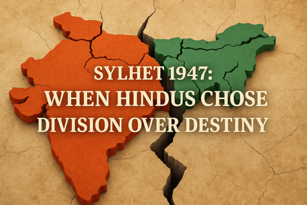A 3D realistic digital illustration showing a cracked map of India and East Bengal, split with a deep fissure. The left side is shaded in orange, the right side in green, symbolizing Partition. Bold white headline text reads: “Sylhet 1947: When Hindus Chose Division Over Destiny.”