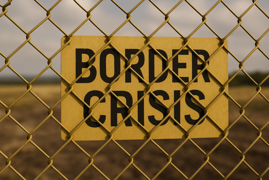 A 3D realistic digital image of a yellow chain-link border fence with a yellow sign reading “BORDER CRISIS” in bold black letters, set against a blurred barren landscape, symbolizing migration and border tensions.