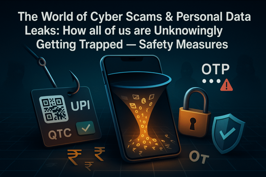 Dark blue 3D scene showing a smartphone with glowing characters pouring into a funnel, a phishing hook snagging a UPI QR card, an “OTP” alert symbol, a padlock and shield, and rupee signs—visualizing how cyber scams and data leaks trap everyday users and why safety measures matter.