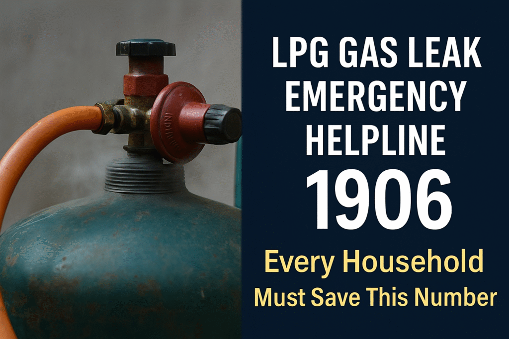 A realistic close-up of an LPG gas cylinder with an attached orange hose and brass regulator, showing a visible gas leak as white vapors. Beside it, bold text reads “LPG Gas Leak Emergency Helpline 1906 – Every Household Must Save This Number” on a dark blue background. The image is clear, horizontally stretched, and designed to alert viewers to the importance of the emergency helpline for gas leak safety in Indian homes.