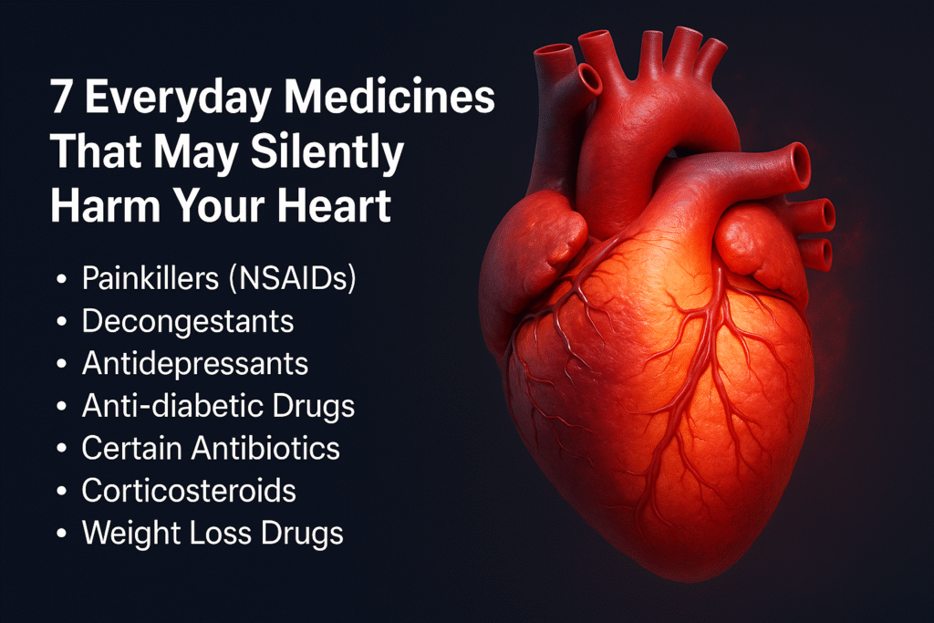 A 3D realistic digital illustration of a human heart, glowing and inflamed to represent danger or health risk, set against a dark blue background. On the left, bold text reads: “7 Everyday Medicines That May Silently Harm Your Heart,” with a bullet-point list of medicines including painkillers (NSAIDs), decongestants, antidepressants, anti-diabetic drugs, certain antibiotics, corticosteroids, and weight loss drugs. The overall look is medical and informative, designed to raise awareness about hidden risks to heart health.