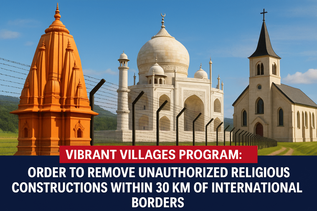 3D digital image of a Hindu temple, mosque, and church behind a border fence in a vibrant landscape, illustrating the government order to remove unauthorized religious structures within 30 km of India’s international borders under the Vibrant Villages Program.