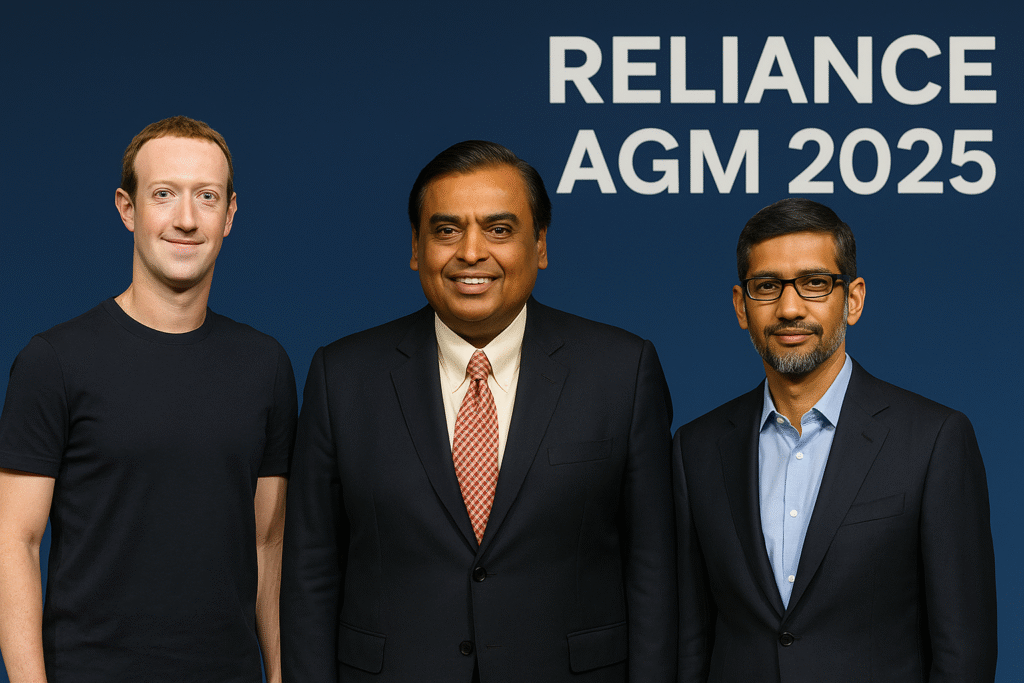 Mukesh Ambani unveiled Reliance Intelligence, an AI joint venture backed by Meta and Google. Mark Zuckerberg and Sundar Pichai
