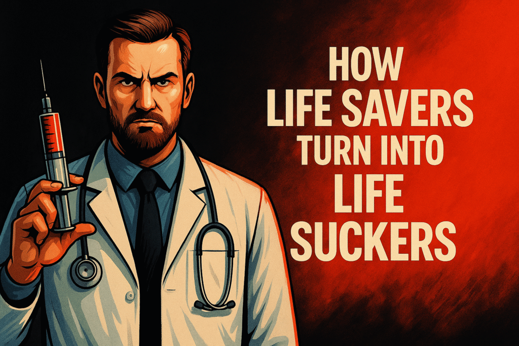 3D digital illustration of a doctor split into two halves: one side in a glowing white coat with a stethoscope symbolizing healing, the other side in shadow clutching money, symbolizing corruption. Behind him, a hospital fades into piles of cash. Bold red, black, and white tones create a dramatic effect in a 600x400 landscape format.