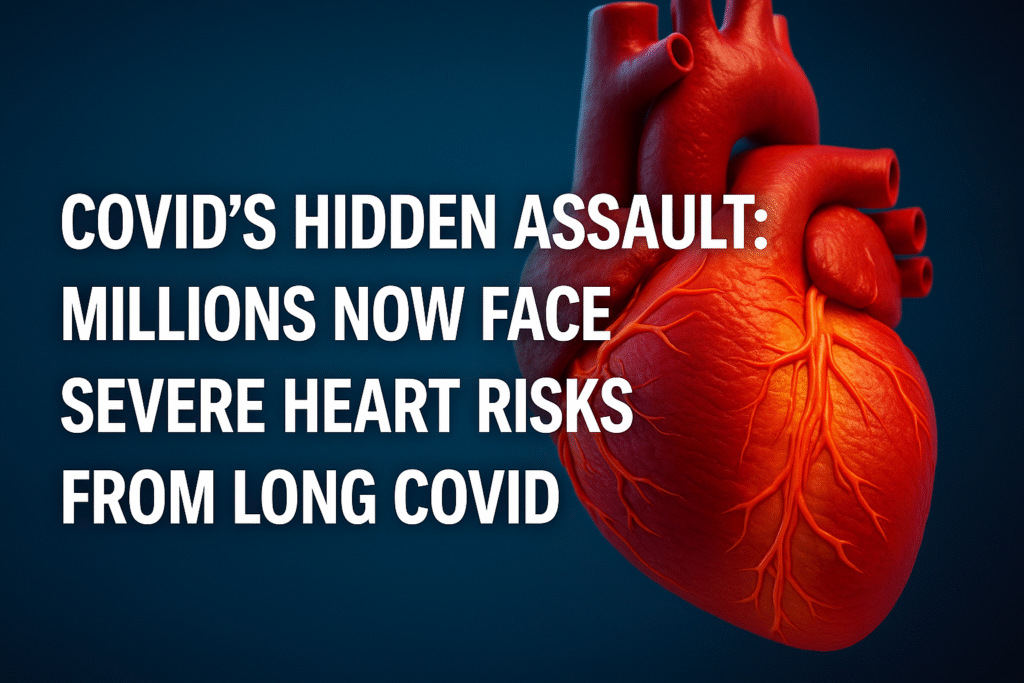 3D realistic digital illustration of a human heart glowing in vivid red and orange tones, with bold white text on a blue gradient background reading: “COVID’s Hidden Assault: Millions Now Face Severe Heart Risks from Long COVID.