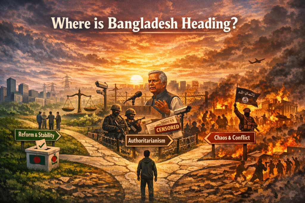 Landscape illustration showing Bangladesh at a crossroads, with three diverging paths symbolising reform and stability, authoritarian rule, and chaos, reflecting political unrest, economic crisis, and the nation’s uncertain future.